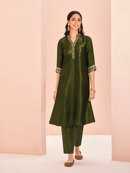 Rajwada Olive Organza Embroidered Stitched Kurta Set For Women