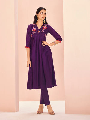 Rajwada Purple Chinon Embroidered Stitched Kurta Set For Women