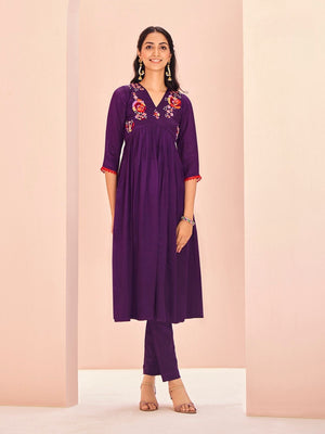 Rajwada Purple Chinon Embroidered Stitched Kurta Set For Women