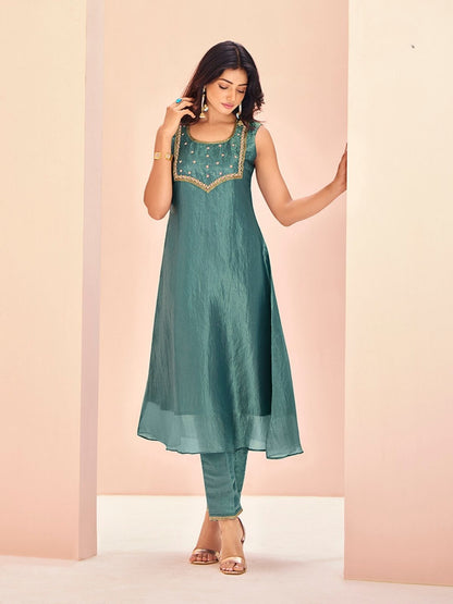 Rajwada Light Blue Organza Embroidered Stitched Kurta Set For Women