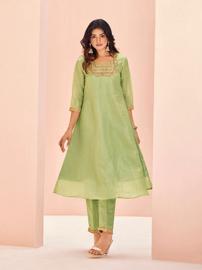 Rajwada Light Green Organza Embroidered Stitched Kurta Set For Women