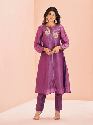 Rajwada Purple Organza Embroidered Stitched Kurta Set For Women