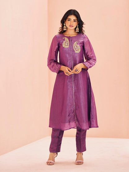 Rajwada Purple Organza Embroidered Stitched Kurta Set For Women