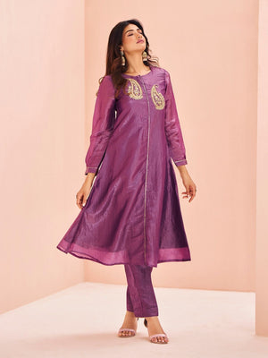 Rajwada Purple Organza Embroidered Stitched Kurta Set For Women