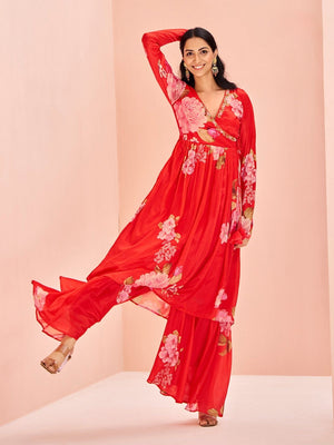 Rajwada Red Chinon Printed Stitched Kurta Set For Women