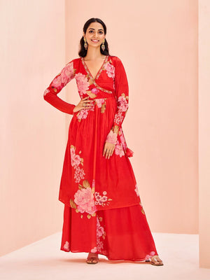 Rajwada Red Chinon Printed Stitched Kurta Set For Women