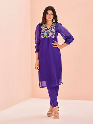 Rajwada Purple Organza Embroidered Stitched Kurta Set For Women