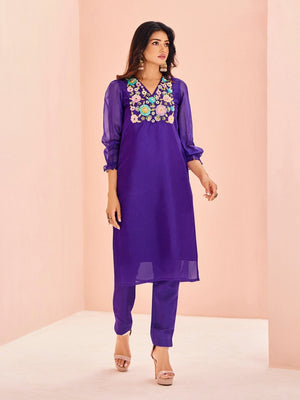 Rajwada Purple Organza Embroidered Stitched Kurta Set For Women