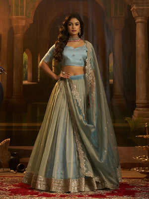 Rajwada Blue Organza Embroidered Lehenga For Women