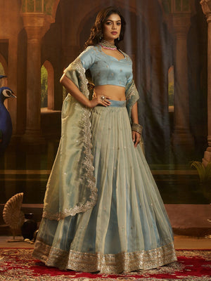 Rajwada Blue Organza Embroidered Lehenga For Women