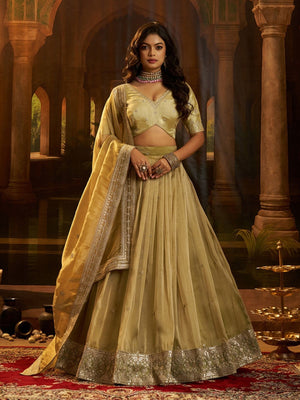 Rajwada Lime Green Organza Embroidered Lehenga For Women