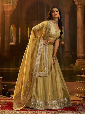 Rajwada Lime Green Organza Embroidered Lehenga For Women