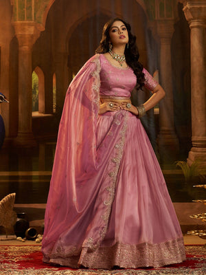 Rajwada Pink Organza Embroidered Lehenga For Women