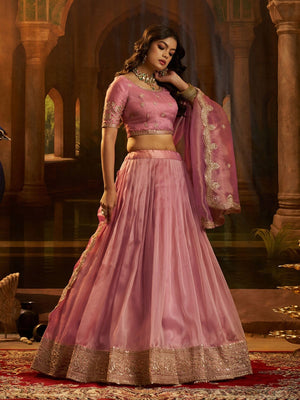Rajwada Pink Organza Embroidered Lehenga For Women