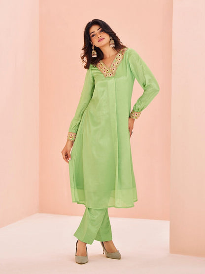 Rajwada Light Green Chinon Embroidered Stitched Kurta Set For Women