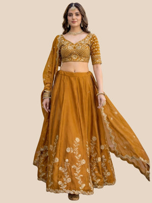 Rajwada Mustard Yellow Silk Embroidered Lehenga For Women