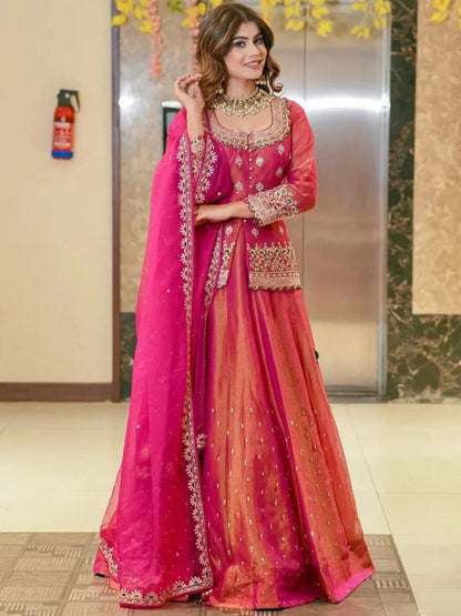 Rajwada Pink Organza Embroidered Lehenga For Women