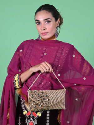 Rajwada Golden Fabric Sparkling Bridal Clutch For Women