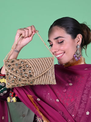 Rajwada Golden Fabric Sparkling Bridal Clutch For Women