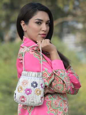 Odette White Beads and Multicolor Floral Embroidered Potli for Women