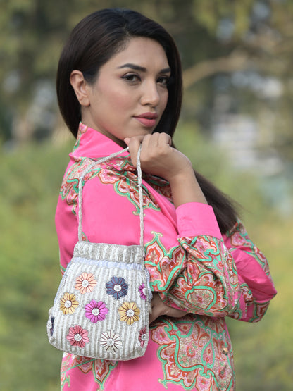 Rajwada White Beads and Multicolor Floral Embroidered Potli for Women