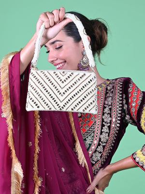 Rajwada White And Golden Fabric Pearls Bridal Clutch For Women