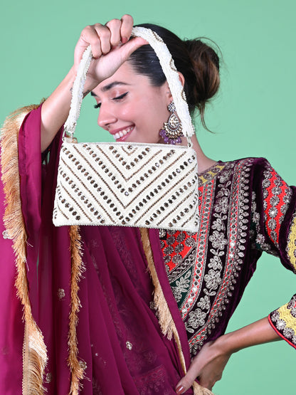 Rajwada White And Golden Fabric Pearls Bridal Clutch For Women