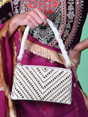 Rajwada White And Golden Fabric Pearls Bridal Clutch For Women