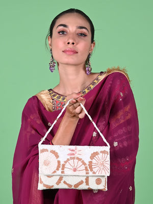 Rajwada White Fabric Floral Clutch For Women