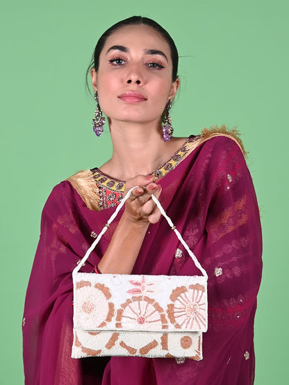 Rajwada White Fabric Floral Clutch For Women