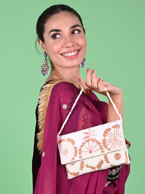 Rajwada White Fabric Floral Clutch For Women