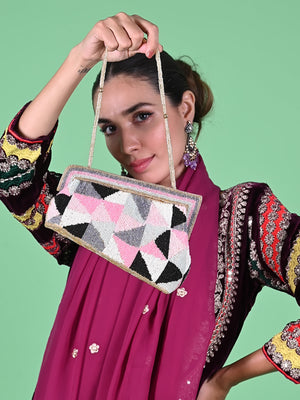Rajwada Multi Fabric Beaded Clutch For Women