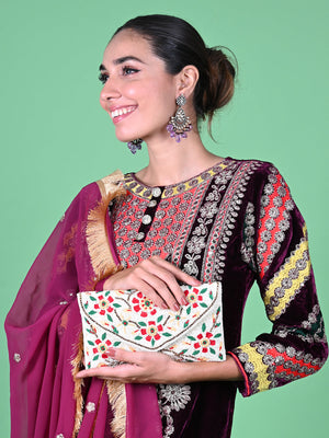 Rajwada White Fabric Clutch For Women
