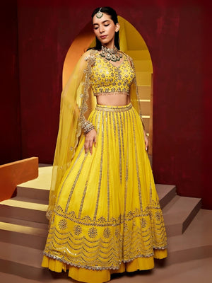 Rajwada Yellow Georgette Embroidered Semi-Stitched Lehenga For Women