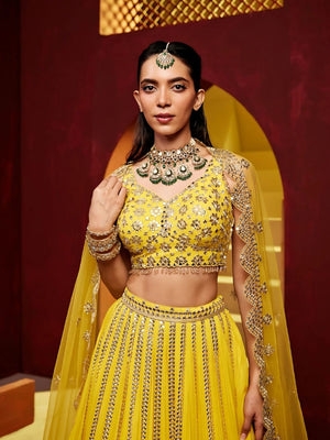 Rajwada Yellow Georgette Embroidered Semi-Stitched Lehenga For Women