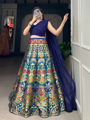 Rajwada Blue Jacquard Silk Woven Semi-Stitched Lehenga For Women