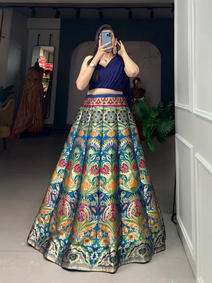 Rajwada Blue Jacquard Silk Woven Semi-Stitched Lehenga For Women