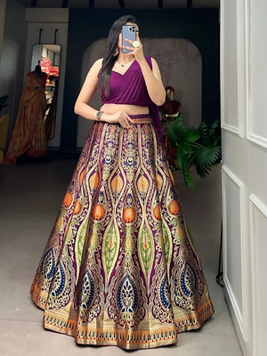 Rajwada Wine Jacquard Silk Woven Semi-Stitched Lehenga For Women