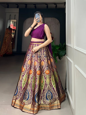 Rajwada Wine Jacquard Silk Woven Semi-Stitched Lehenga For Women