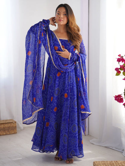 Rajwada Blue Georgette Bandhani Print Kurta Set For Women