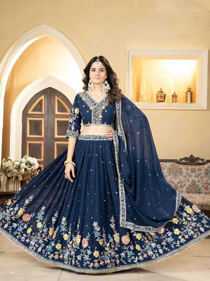Rajwada  Blue Georgette Embroidered Semi-Stitched Lehenga For Women