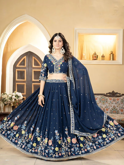 Rajwada  Blue Georgette Embroidered Semi-Stitched Lehenga For Women