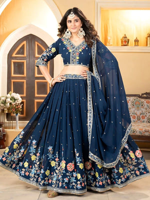 Rajwada  Blue Georgette Embroidered Semi-Stitched Lehenga For Women