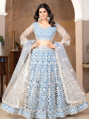 Rajwada Light Blue Net Embroidered Semi-Stitched Lehenga For Women