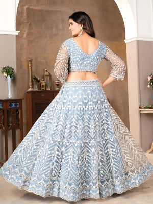 Rajwada Light Blue Net Embroidered Semi-Stitched Lehenga For Women
