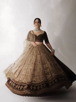 Rajwada Brown Silk Blend Embroidered Semi-Stitched Lehenga For Women