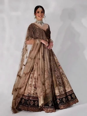 Rajwada Brown Silk Blend Embroidered Semi-Stitched Lehenga For Women