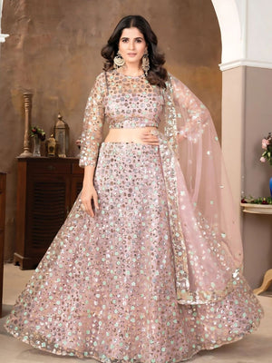 Rajwada Light Pink Net Embellished Semi-Stitched Lehenga For Women