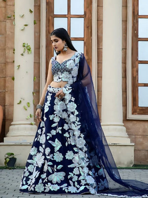 Rajwada Navy Blue Georgette Embroidered Semi-Stitched Lehenga For Women