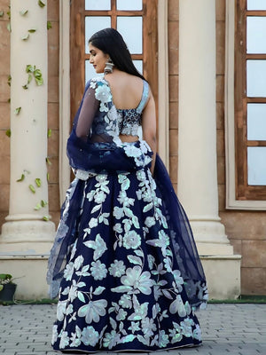 Rajwada Navy Blue Georgette Embroidered Semi-Stitched Lehenga For Women